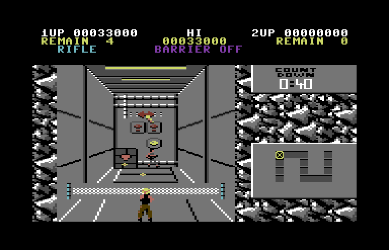 Contra Commodore 64 Screenshot: Shoot targets to continue through this corridor.