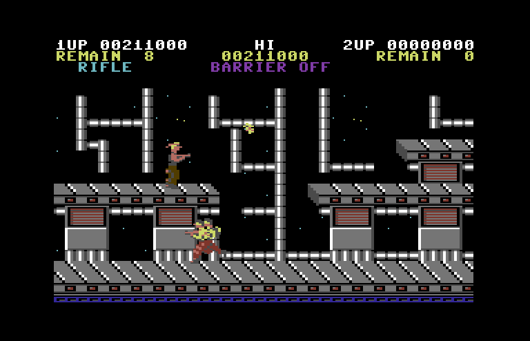 Contra Commodore 64 Screenshot: Lots of platforms, and lots of dangers!