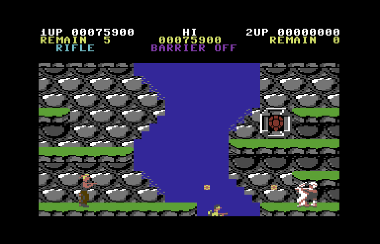 Contra Commodore 64 Screenshot: This area scrolls vertically as you jump up the platforms.