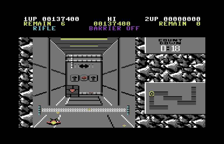Contra Commodore 64 Screenshot: Another corridor sequence, and I've been knocked down!