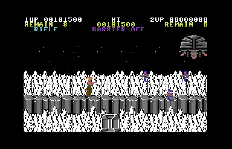 Contra Commodore 64 Screenshot: An alien ship supplies more attackers!