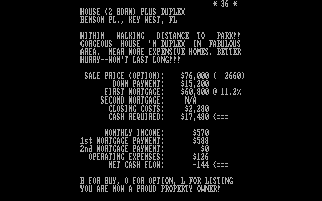 Baron: The Real Estate Simulation IBM PC/Compatibles Screenshot: You are now a property owner!