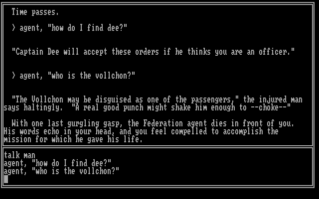 Essex IBM PC/Compatibles Screenshot: Asking questions of an agent to gain some more information.