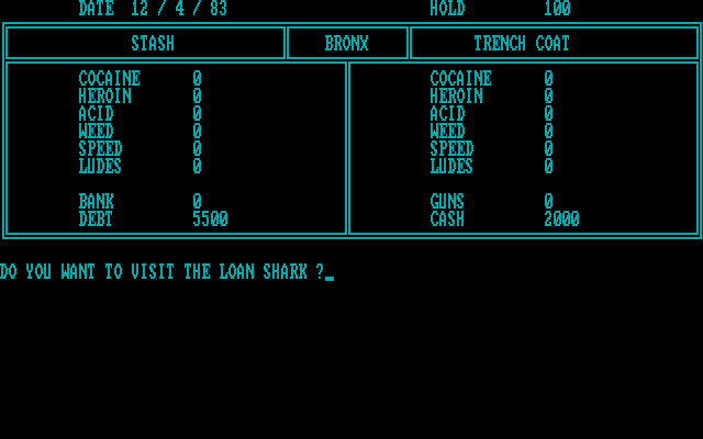 Drug Wars IBM PC/Compatibles Screenshot: Want to visit the loan shark?