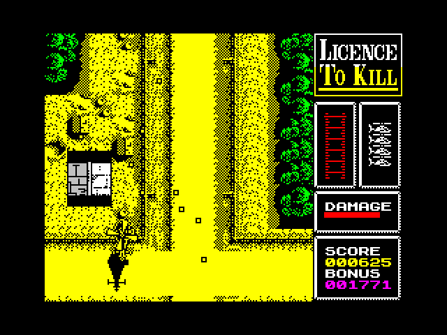 007: Licence to Kill ZX Spectrum Screenshot: Shoot ground targets before they shoot you!