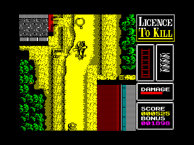 007: Licence to Kill ZX Spectrum Screenshot: When the damage meter is filled, the helicopter is destroyed...