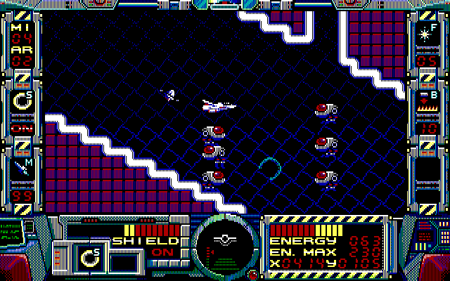Fire Hawk: Thexder - The Second Contact IBM PC/Compatibles Screenshot: This diagonal passageway has lots of tricky enemies to dodge...