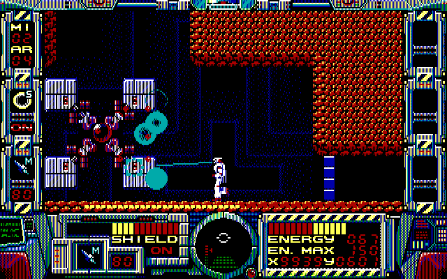 Fire Hawk: Thexder - The Second Contact IBM PC/Compatibles Screenshot: Attacking a very large opponent with lasers...