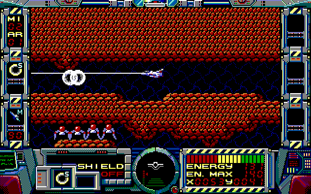Fire Hawk: Thexder - The Second Contact IBM PC/Compatibles Screenshot: Flying through a narrow corridor...