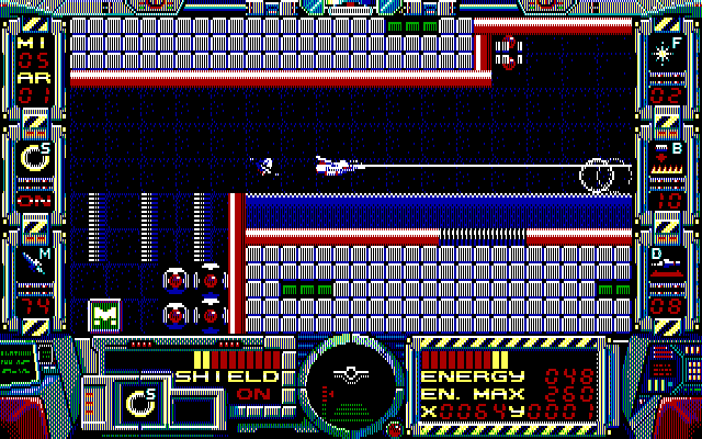 Fire Hawk: Thexder - The Second Contact IBM PC/Compatibles Screenshot: Don't land on the blue stuff, it's deadly!
