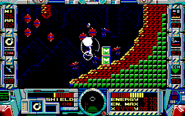 Fire Hawk: Thexder - The Second Contact IBM PC/Compatibles Screenshot: Located some missiles, if I can reach them safely!