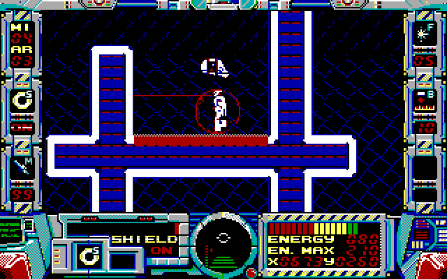 Fire Hawk: Thexder - The Second Contact IBM PC/Compatibles Screenshot: Don't land in lava, it drains energy rapidly!