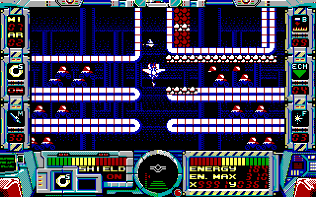 Fire Hawk: Thexder - The Second Contact IBM PC/Compatibles Screenshot: Flying through a tunnel, and enemies are closing in rapidly!