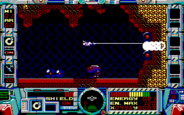 Fire Hawk: Thexder - The Second Contact IBM PC/Compatibles Screenshot: Flying and attacking...