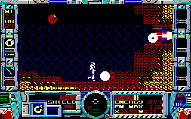 Fire Hawk: Thexder - The Second Contact IBM PC/Compatibles Screenshot: Nearing the end of the first level...