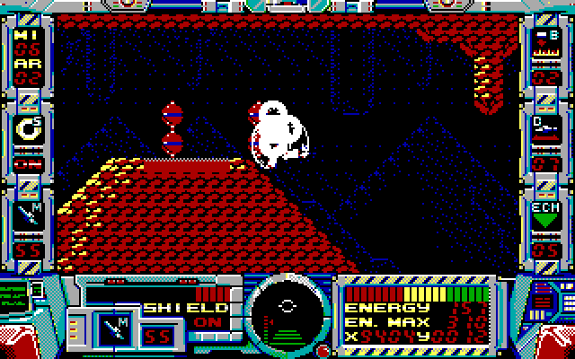 Fire Hawk: Thexder - The Second Contact IBM PC/Compatibles Screenshot: Under attack, and shields weakening!