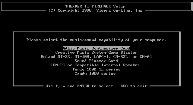 Fire Hawk: Thexder - The Second Contact IBM PC/Compatibles Screenshot: Select one of the supported sound options.