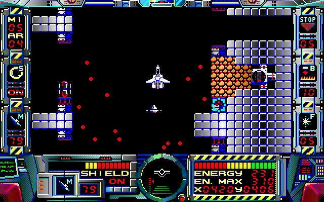 Fire Hawk: Thexder - The Second Contact PC-8800 Series Screenshot: The end of this mission has numerous targets to destroy.