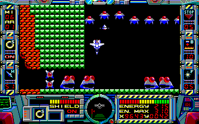Fire Hawk: Thexder - The Second Contact PC-8800 Series Screenshot: Enemies close in from all directions...this could be tough...