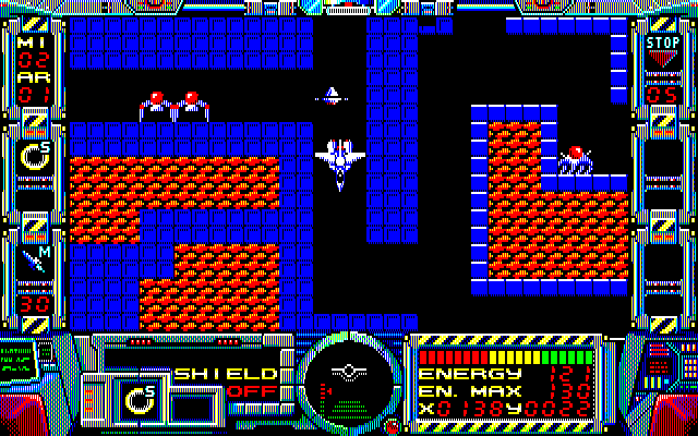 Fire Hawk: Thexder - The Second Contact PC-8800 Series Screenshot: Flying through a maze.