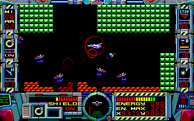 Fire Hawk: Thexder - The Second Contact PC-8800 Series Screenshot: You become increasingly outnumbered as the game progresses.