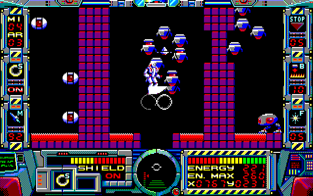 Fire Hawk: Thexder - The Second Contact PC-8800 Series Screenshot: I'm in trouble...these things are deadly!