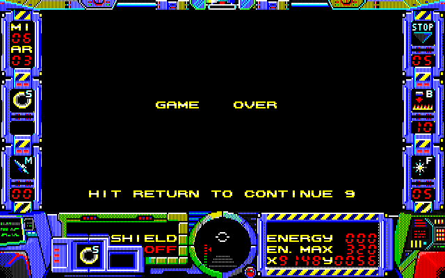Fire Hawk: Thexder - The Second Contact PC-8800 Series Screenshot: Game over.