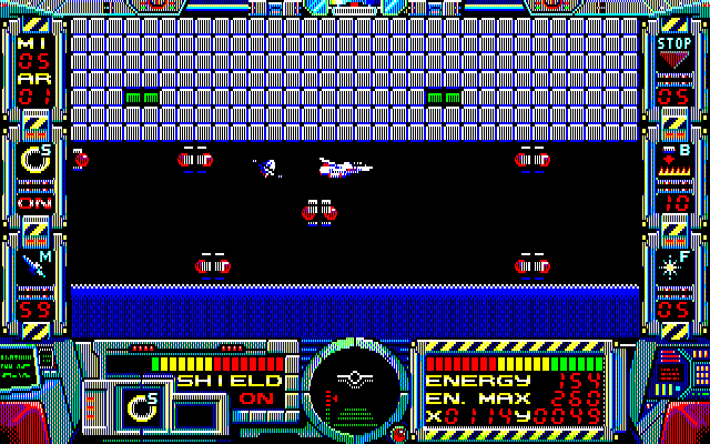 Fire Hawk: Thexder - The Second Contact PC-8800 Series Screenshot: Flying through danger.