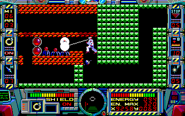 Fire Hawk: Thexder - The Second Contact PC-8800 Series Screenshot: Shooting myself a passage...
