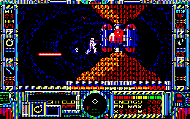 Fire Hawk: Thexder - The Second Contact PC-8800 Series Screenshot: Attacking at close range...