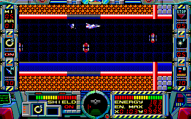 Fire Hawk: Thexder - The Second Contact PC-8800 Series Screenshot: This area is best to fly through...the ground is deadly.
