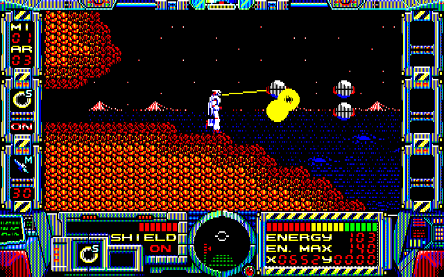 Fire Hawk: Thexder - The Second Contact PC-8800 Series Screenshot: Enemies greet me as I exit a tunnel.
