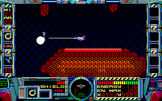 Fire Hawk: Thexder - The Second Contact PC-8800 Series Screenshot: Flying over some dangerous terrain.