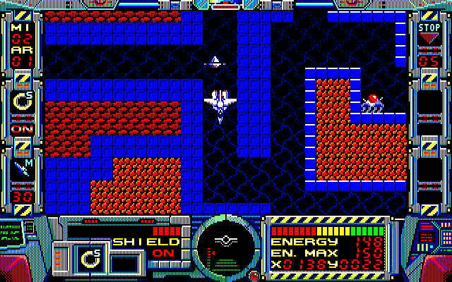 Fire Hawk: Thexder - The Second Contact PC-8800 Series Screenshot: Flying through a maze-like area.