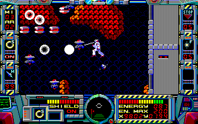Fire Hawk: Thexder - The Second Contact PC-8800 Series Screenshot: Jumping towards trouble.