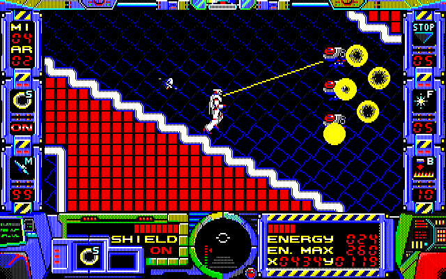 Fire Hawk: Thexder - The Second Contact PC-8800 Series Screenshot: Shooting my way down a path.