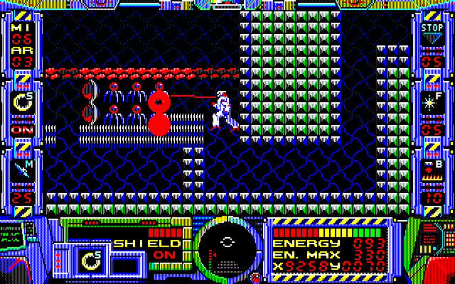 Fire Hawk: Thexder - The Second Contact PC-8800 Series Screenshot: This narrow passage is blocked by some tough opponents.