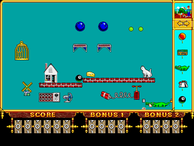 Even More! Incredible Machine, The IBM PC/Compatibles Screenshot: In free form puzzle mode you can place any piece want at any location.