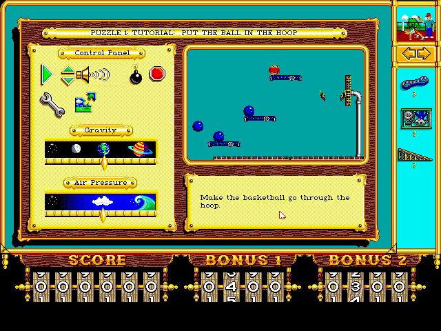 Even More! Incredible Machine, The IBM PC/Compatibles Screenshot: Puzzle 1; can you make the basketball go through the hoop?