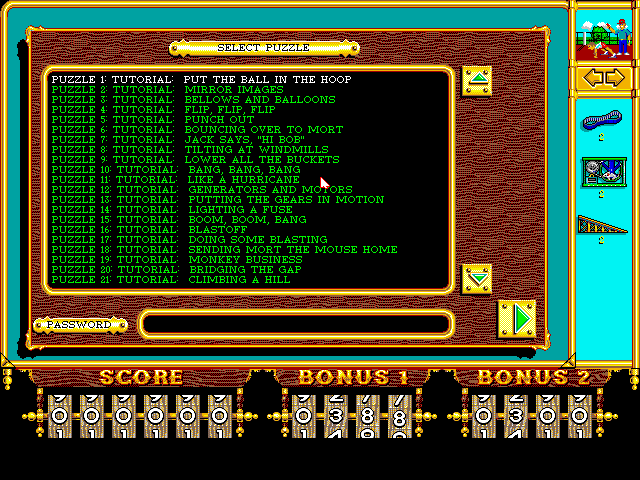 Even More! Incredible Machine, The IBM PC/Compatibles Screenshot: The list of puzzles you can play.