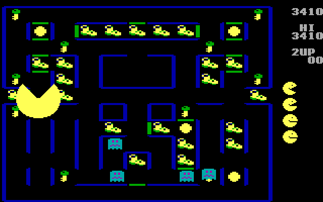 Super Pac-Man IBM PC/Compatibles Screenshot: You can have both Super Pac-Man and blue ghosts at the same time...