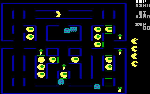 Super Pac-Man IBM PC/Compatibles Screenshot: After eating a power pellet the ghosts turn blue and Pac-Man can eat them.