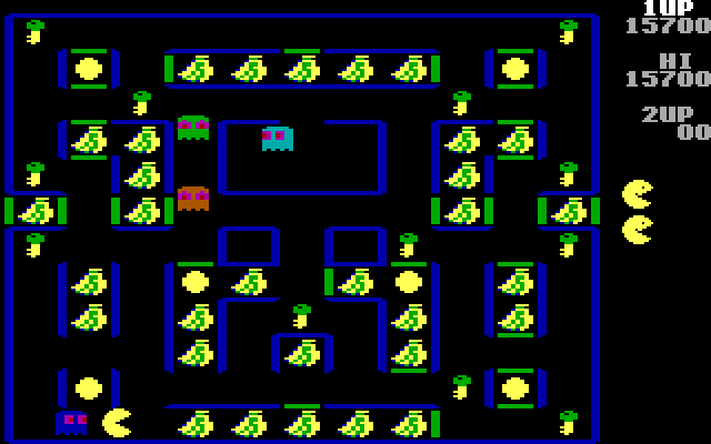 Super Pac-Man IBM PC/Compatibles Screenshot: Blue ghost in pursuit, I could be in trouble here...