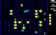 Super Pac-Man for IBM PC/Compatibles - After eating a power pellet the ghosts turn blue and Pac-Man can eat them.