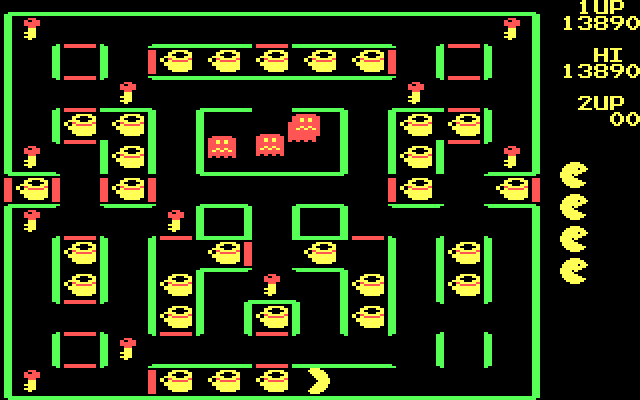 Super Pac-Man IBM PC/Compatibles Screenshot: In the CGA palette the ghosts appear red when you eat a power pellet.