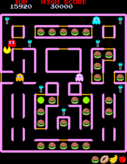 Super Pac-Man Arcade Screenshot: Don't run into the red ghost!