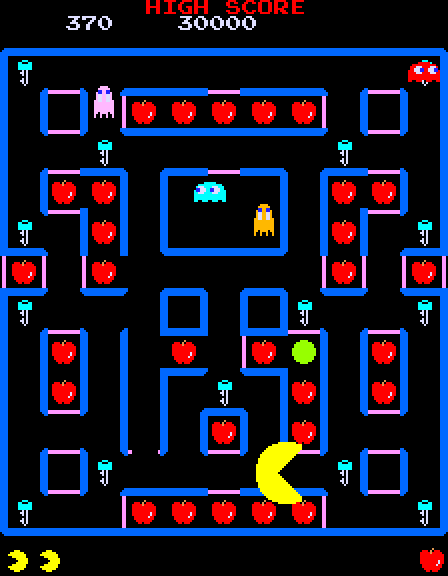 Super Pac-Man Arcade Screenshot: Eating fruit as Super Pac-Man!