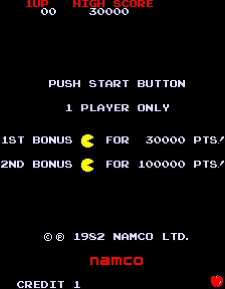 Super Pac-Man Arcade Screenshot: Push start button to begin (Japanese version).
