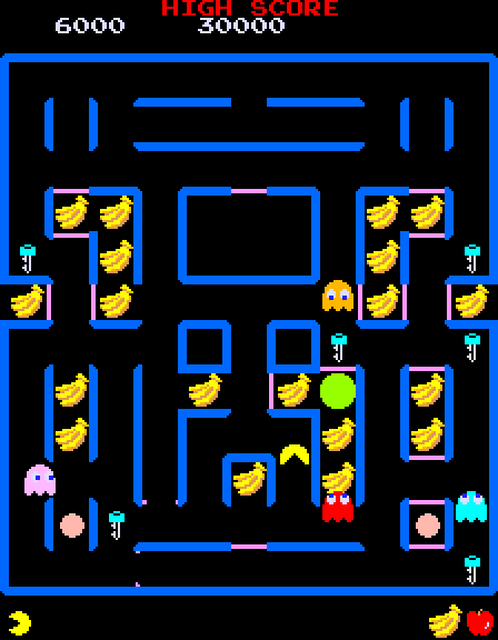 Super Pac-Man Arcade Screenshot: Careful, don't run into the ghosts!