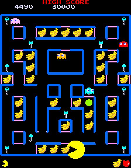 Super Pac-Man Arcade Screenshot: Eat all of the bananas on the second stage...